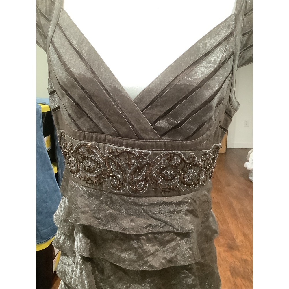 Adrianna Papell Long Formal Dress Brown Shimmering Multi Layered Beaded Wt S12 - Picture 6 of 11